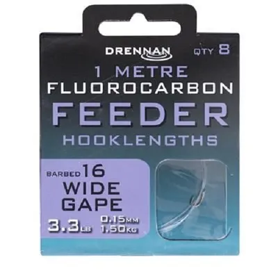DRENNAN FLUOROCARBON 1MT FEEDER WIDE GAPE BARBED 16 3.3LB 0.15MM 1.50KG 8 UND